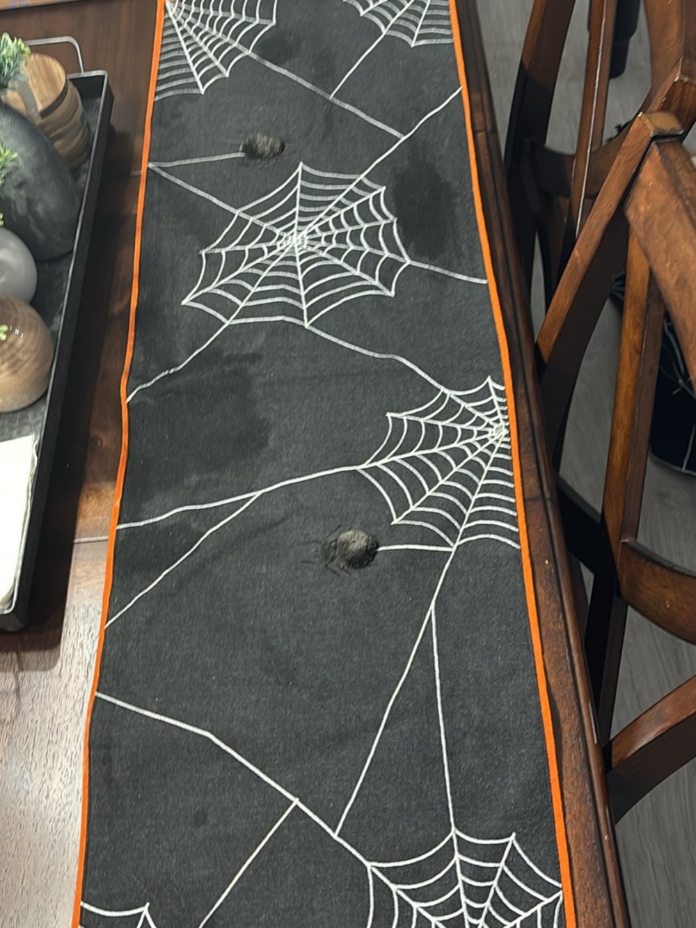 Crate&Barrel Black Spiderweb Table Runner with Orange Edge